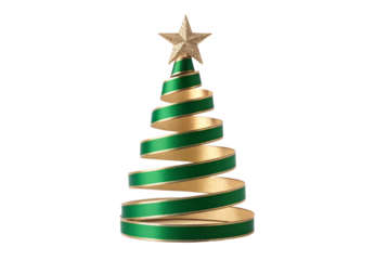 Spiral ribbon Christmas tree with gold star topper, isolated on a transparent background
