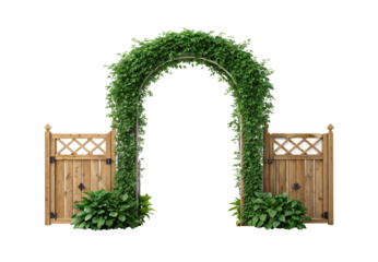 Wooden garden gates with ivy-covered arch entrance, isolated on a transparent background