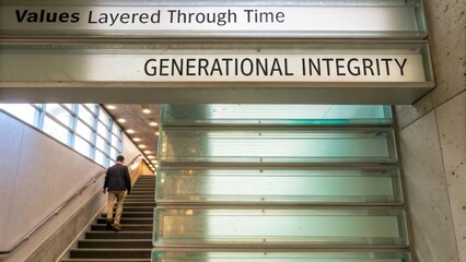 Staircase with Signage Displaying Generational Integrity and Values, Invoking Reflection on Time and Heritage