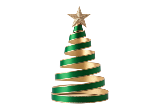 Spiral ribbon Christmas tree with gold star topper, isolated on a transparent background - Powered by Adobe