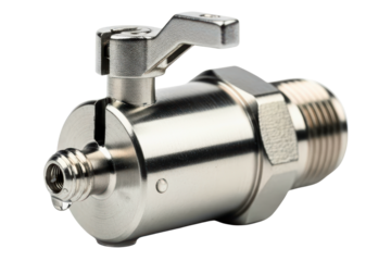 Stainless steel ball valve with lever handle and leaking water drop on a transparent background