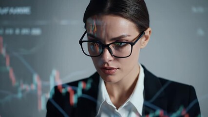 Focused Businesswoman Wearing Glasses Analyzes Financial Stock Market Data Graphs Projected on Wall - Powered by Adobe