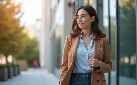 Young female professional walking by office building. High quality