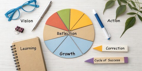 Colorful Diagram of Growth Cycle with Reflection, Learning, Action, Correction, and Vision Elements on a Desk