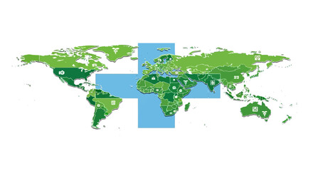 Global healthcare access concept with world map and medical icons, promoting international health and wellness initiatives worldwide for health awareness