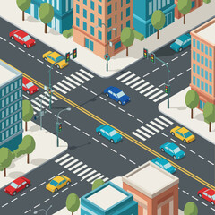 Busy City Intersection with Cars and Buildings.