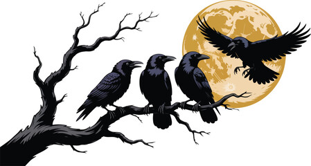 Obraz premium Four black crows gather on a bare tree branch under a full yellow moon in the night sky