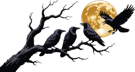 Naklejka premium Four dark crows on a gnarled tree branch under a vibrant yellow full moon at night