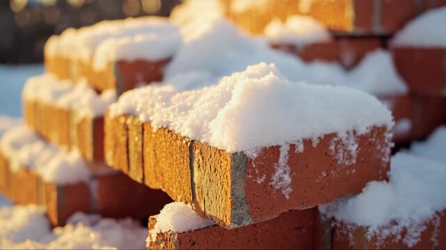 Snow covers a stack of bricks at sunset in a winter landscape, showcasing a serene and quiet construction scene