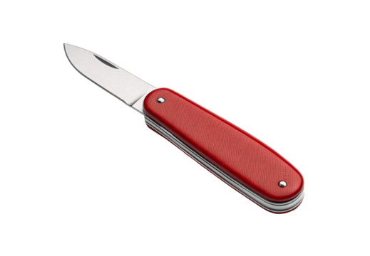 Red handled folding pocket knife with silver blade opened, isolated on a transparent background