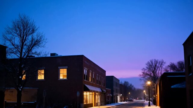 urban street at dusk with cool winter air, warm light glow from windows, subtle snow on ground, perfect for winter solstice