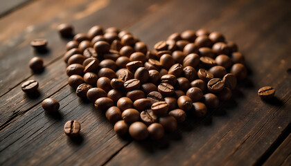 Heart shape made of coffee beans on a rustic wooden surface, close-up view of love 4K and HD image