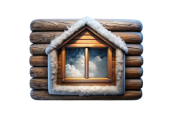 Cozy log cabin window with snow-covered roof and winter scene reflection, isolated on a transparent background
