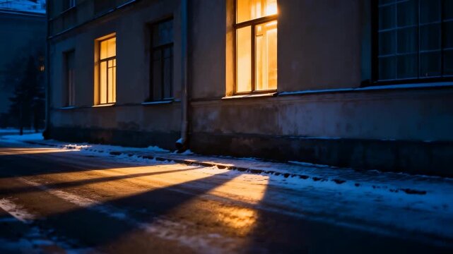 urban street at dusk with cool winter air, warm light glow from windows, subtle snow on ground, perfect for winter solstice