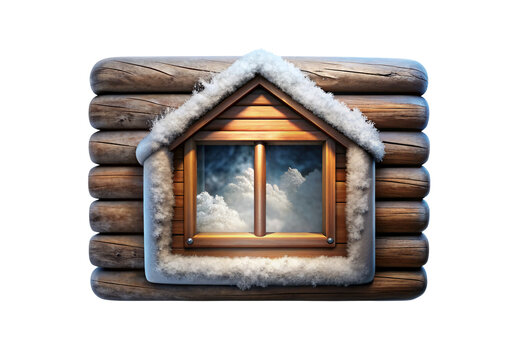 Cozy log cabin window with snow-covered roof and winter scene reflection, isolated on a transparent background