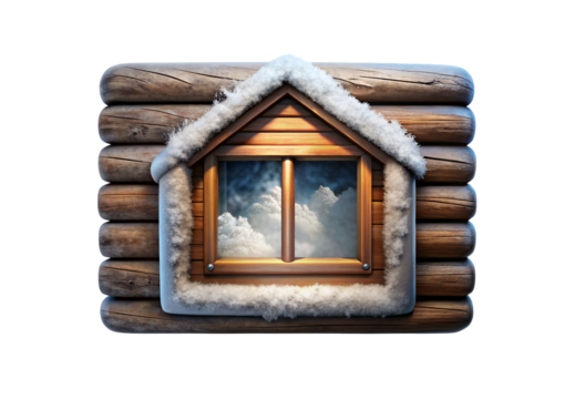 Cozy log cabin window with snow-covered roof and winter scene reflection, isolated on a transparent background