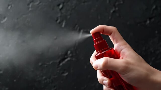 Close Up Of A Red Spray Bottle Being Held By A Hand Against A Dark Textured Background Mist Spraying Out
