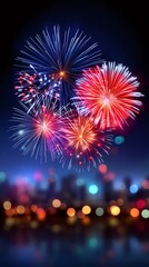 Fireworks exploding over blurred cityscape celebrating Independence Day