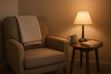 Minimal Reading Nook &ndash; Armchair, Blanket, Lamp, and Plain Mug on Side Table in Soft, Peaceful Home Setting