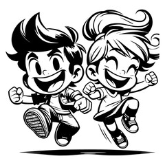 cartoon characters, a boy and a girl, smiling and jumping with excitement vector image illustration