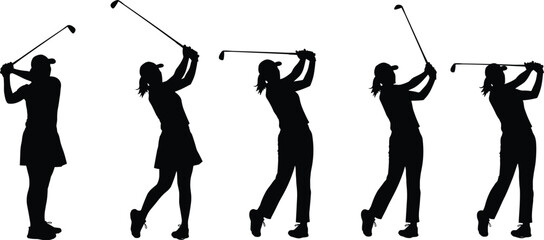 Vector Silhouettes of Female Golfers in Full Swing Action Poses for Sport Leisure Club Advertisement Tournament and Golf Course Design.