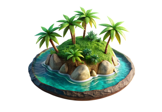 Lush tropical island with palm trees, rocks and crystal-clear azure water, isolated on a transparent background