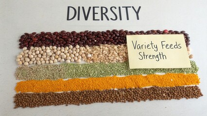 Vibrant Display of Bean Varieties and Grains with Inspirational Quote on Diversity and Strength in Nutrition
