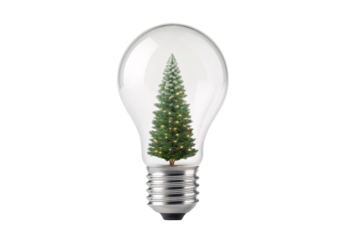 Christmas tree with lights inside clear bulb, isolated on a transparent background