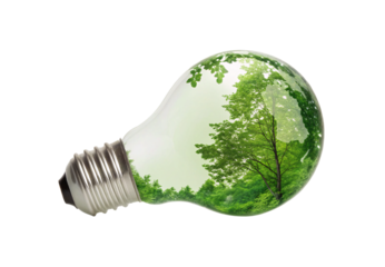 Light bulb with green forest and trees, isolated on a transparent background