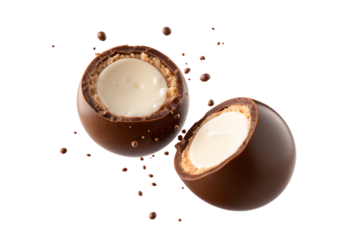 Two chocolate truffles with cream centers displayed, isolated on a transparent background