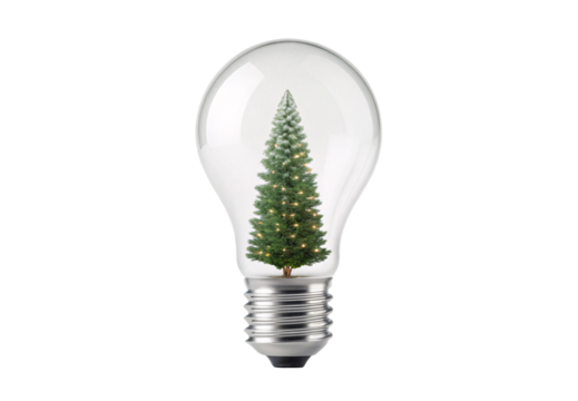 Christmas tree with lights inside clear bulb, isolated on a transparent background