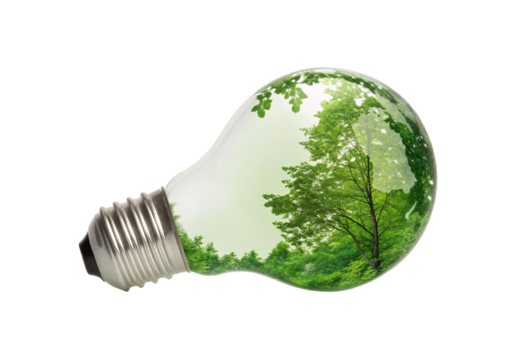 Light bulb with green forest and trees, isolated on a transparent background - Powered by Adobe