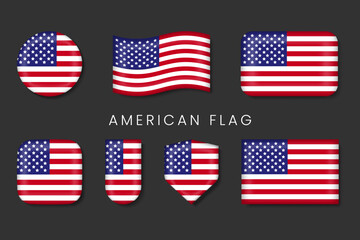 USA Flag Glossy Icons — American Stars and Stripes 3D Patriotic Symbol Set