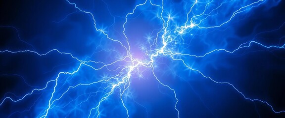 Abstract blue electrical discharge, fractal energy streaks, neon, intense