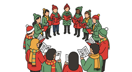 Flat 2D Christmas activity on white a group of diverse people singing carols with simple songbooks in hand. Stylized figures in winter clothes, circular arrangement, minimal details, warm festive pal