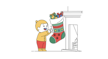 2D vector flat illustration on pure white background a child looking excitedly into a Christmas stocking hung by a fireplace (fireplace as simple outline). Soft colors, joyful pose,