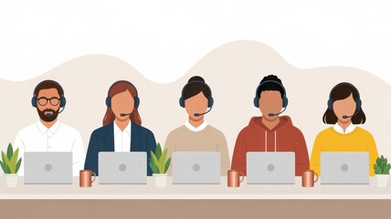 Customer Service Representatives: A team of customer service representatives, each wearing a headset and focused on their laptop, embodies dedication to service excellence.