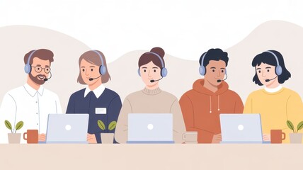 Professional Support: A dedicated support team providing assistance to the public through headsets and computers, reflecting professionalism and customer satisfaction.