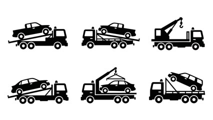 Fototapeta premium Six different black and white vector illustrations depicting tow trucks hauling various cars in different positions and angles.