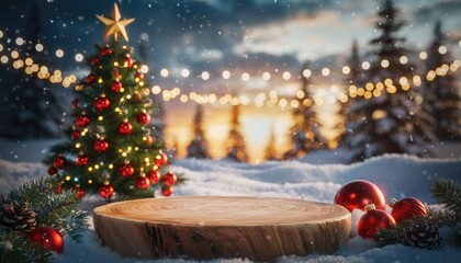 Christmas Scene with Decorated Tree, Ornaments, and Snow.