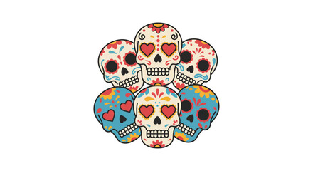sugar skull day of the dead arrangement featuring colorful designs against a stark white background perfect for cultural event promotions and holiday themes.