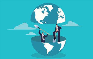 Discovering new business or new opportunities, global business development, two businessmen with shovels digging inside the earth