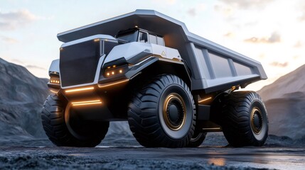 Sleek and modern autonomous mining truck working in an open pit mine