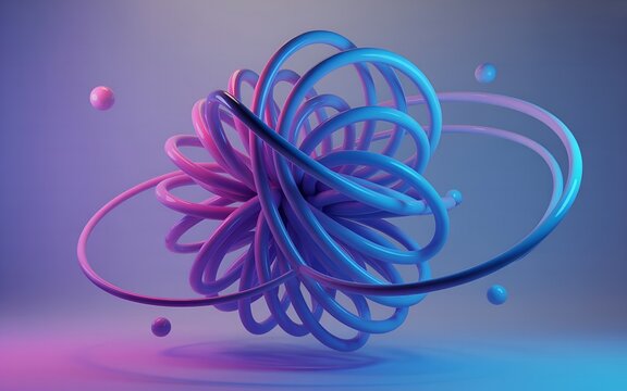Abstract 3D render of tangled blue and pink tubes with floating spheres - Powered by Adobe
