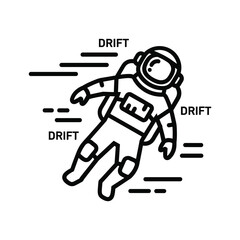 Black and white line art icon of an astronaut floating and drifting in space, isolated on