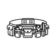 Outline icon of a tool belt with various hand tool holders and pouches, isolated on