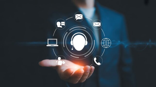 Customer Support in Hand: A supportive representative holds a digital interface illustrating customer service solutions and communication options, underscoring the efficiency of assistance.