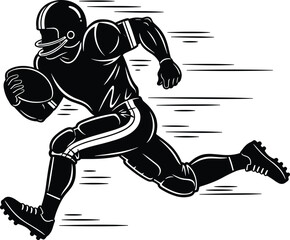 Black and white American football player running with ball, wearing helmet and pads, dynamic motion, speed lines, sports action concept