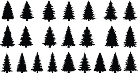 Large Collection of Pine Tree and Christmas Tree Silhouettes Vector Illustration Set for Winter Holiday Nature Forest and Decoration Designs.