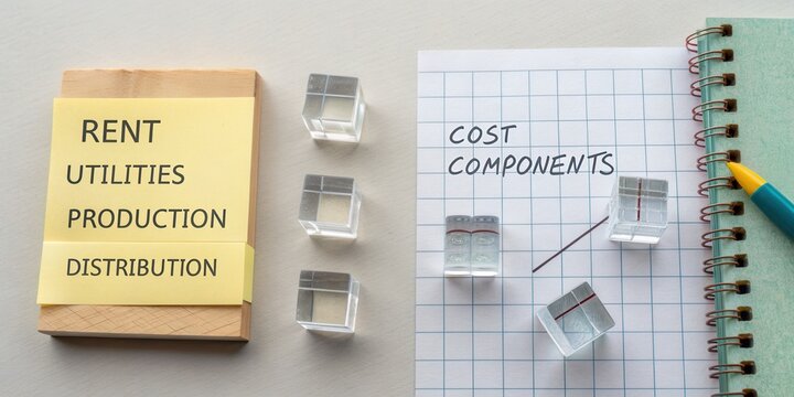 Financial Planning Tools for Business with Sticky Notes, Cost Components, and Clear Cubes on Light Background